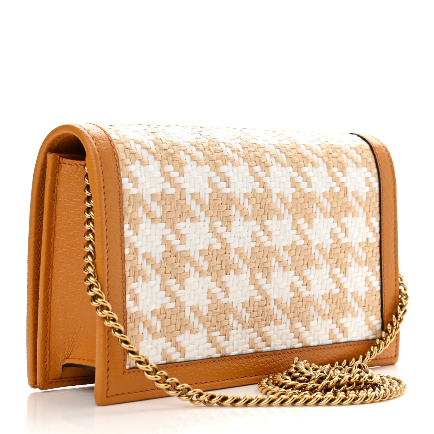 Polished Raffia Textured Dollar Calfskin Houndstooth Mini Diana Chain Bag Natural Sun Oil Mystic White