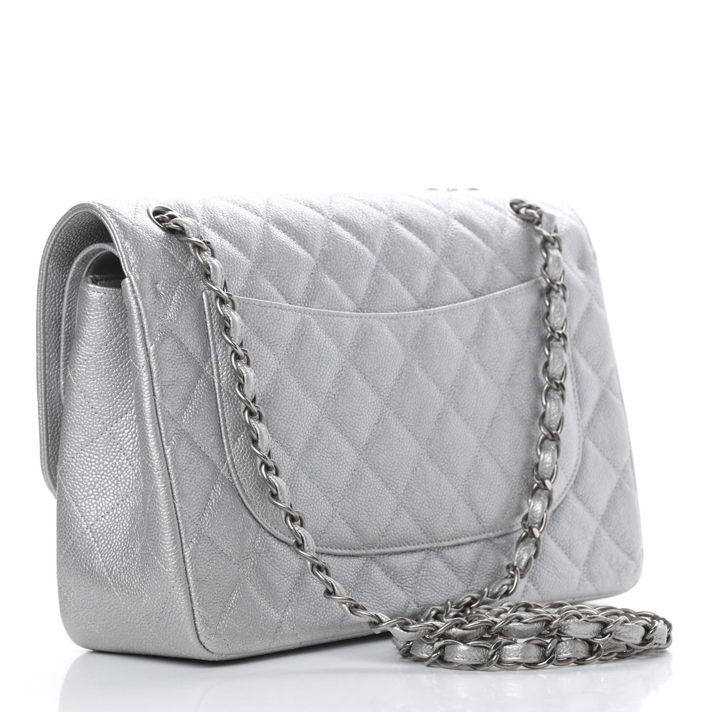 Metallic Caviar Quilted Jumbo Double Flap Silver