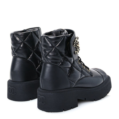 Chanel Lambskin Calfskin Quilted Lace Up Combat Boots 38 Black 4 of 12