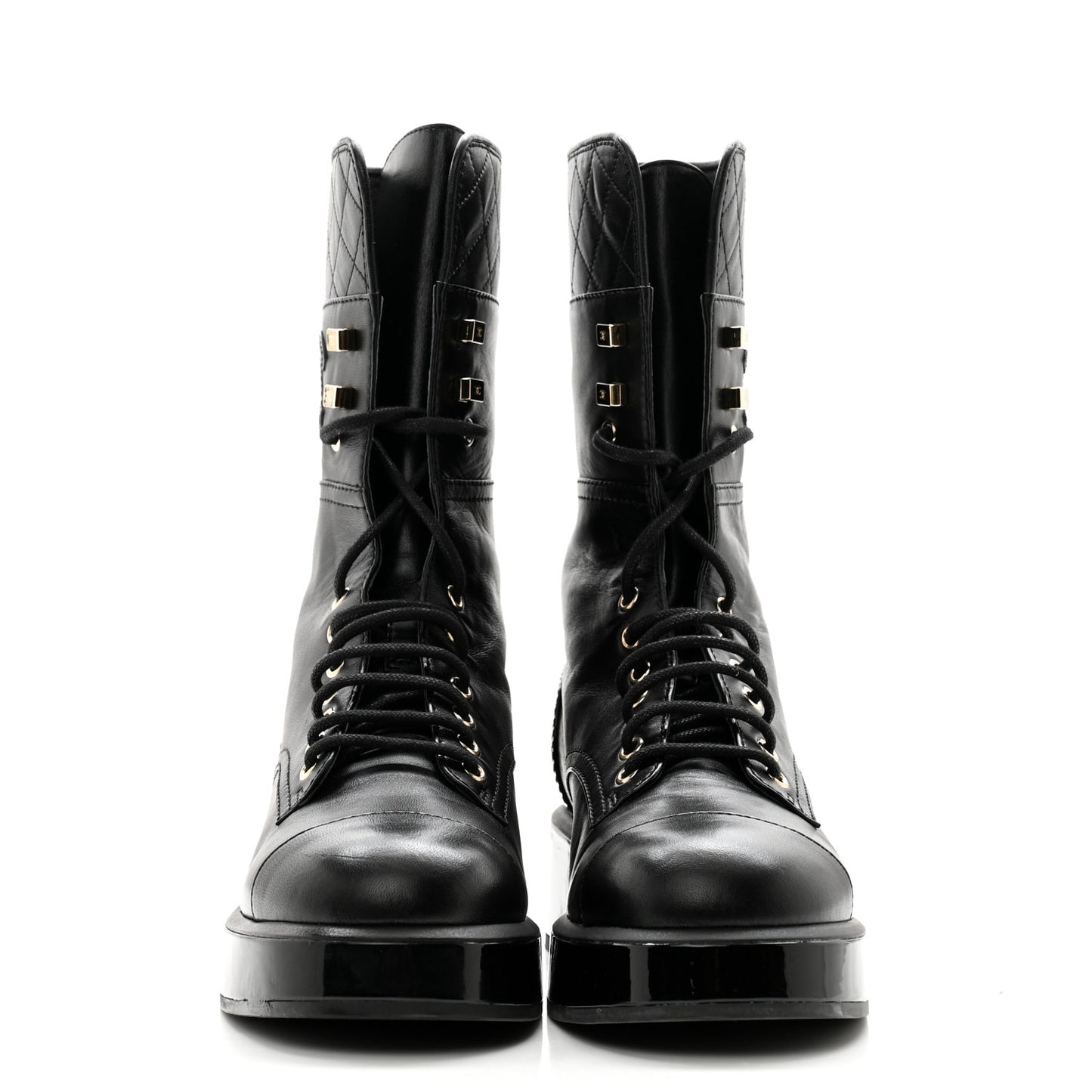 Lambskin Patent Calfskin Quilted CC Lace Up Combat Boots 37 Black