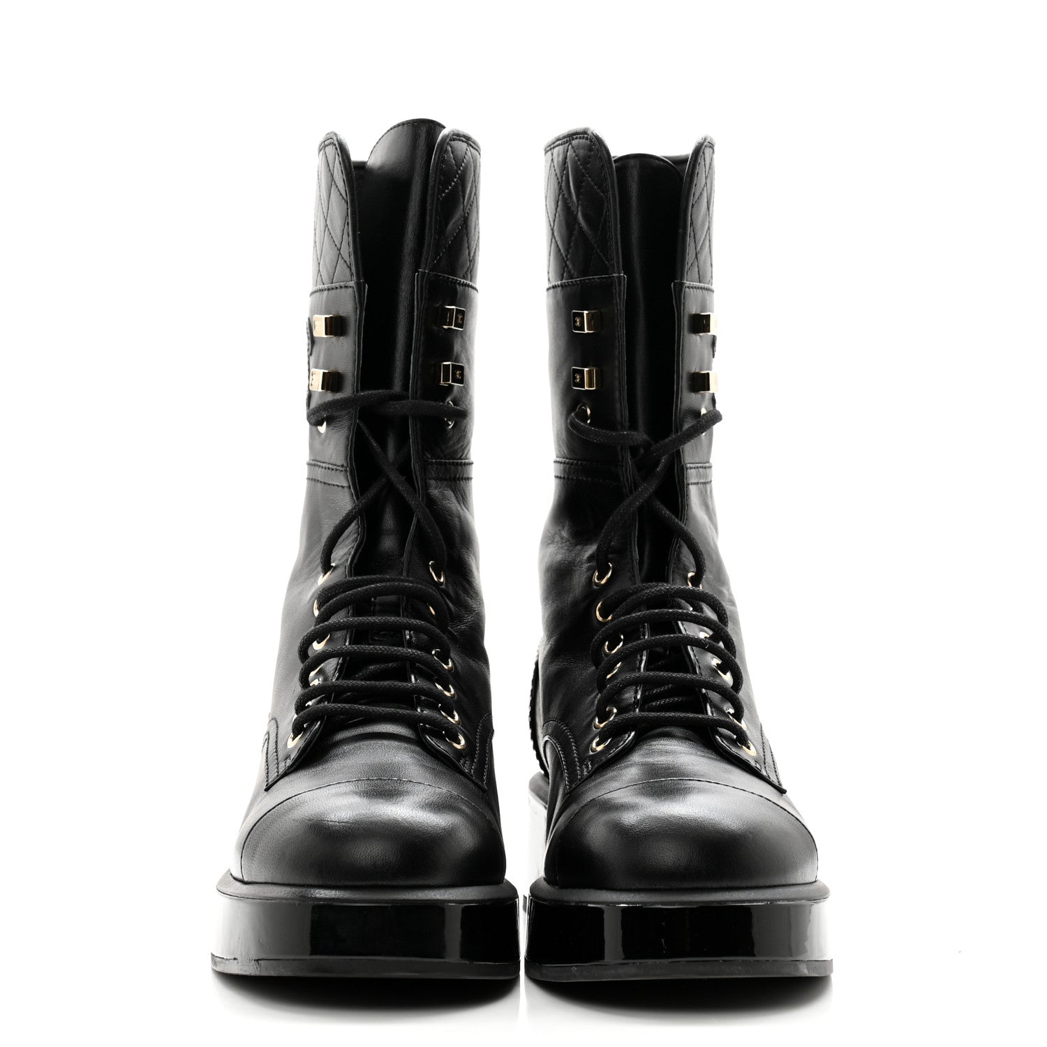 Chanel Lambskin Patent Calfskin Quilted CC Lace Up Combat Boots 37 Black 2 of 12