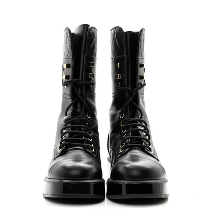 Chanel Lambskin Patent Calfskin Quilted CC Lace Up Combat Boots 37 Black 2 of 12