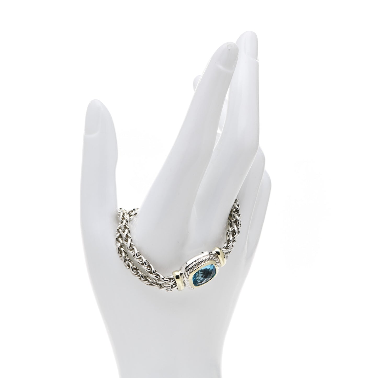 Sterling Silver 14K Yellow Gold Blue Topaz Wheat Chain Bracelet