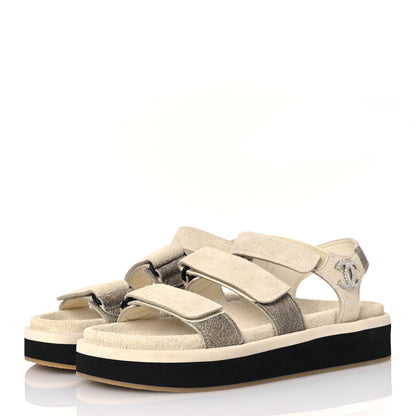 Chanel Suede Calfskin Velcro Flat Sandals 39 Ecru Dark Beige 4 of 10