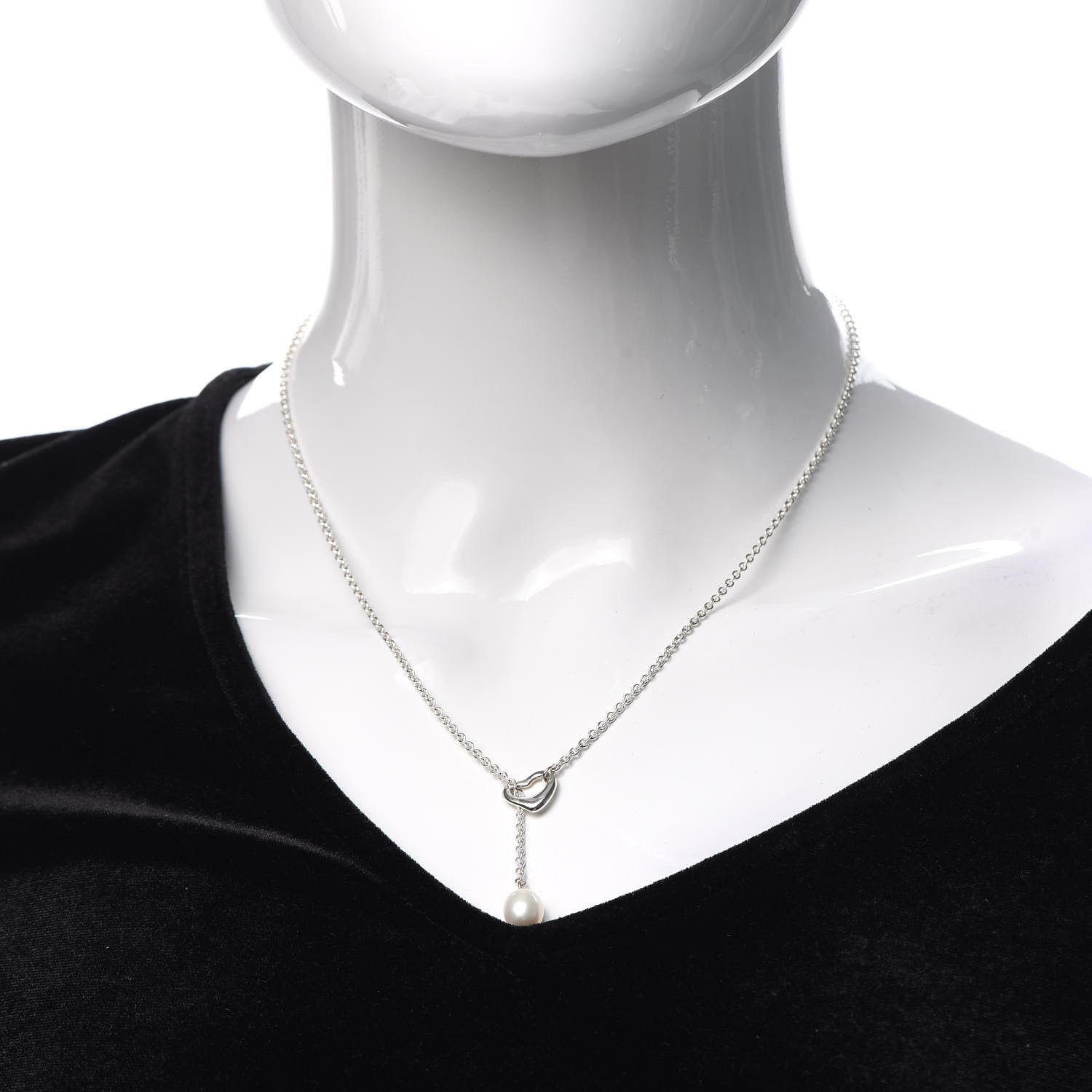 Tiffany Sterling Silver Pearl 7.5-8mm Elsa Peretti Open Heart Lariat Necklace 2 of 5