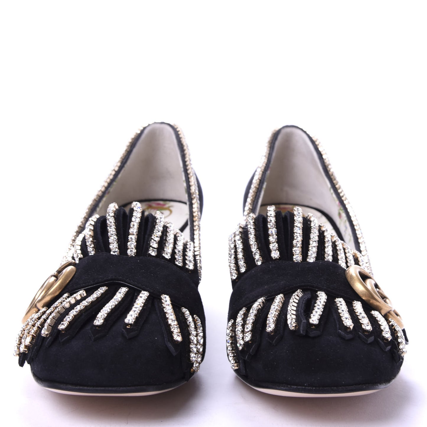Kid Scamosciato Crystal GG Marmont Fringe 50mm Loafer Pumps 37.5 Black