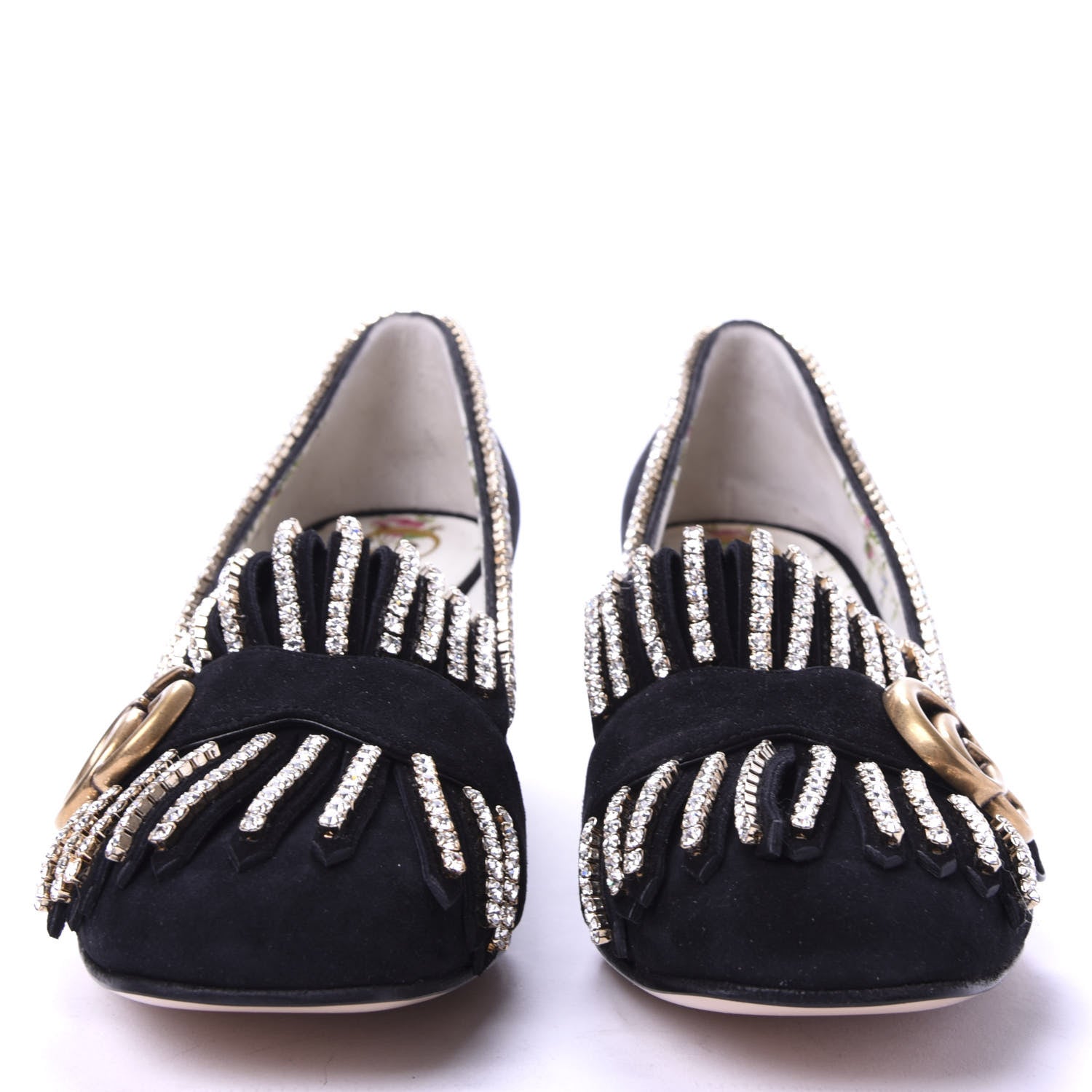 Gucci Kid Scamosciato Crystal GG Marmont Fringe 50mm Loafer Pumps 37.5 Black 2 of 10