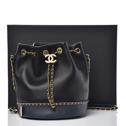 Chanel Grained Calfskin Lambskin CC Drawstring Bag Black Dark Blue 8 of 8