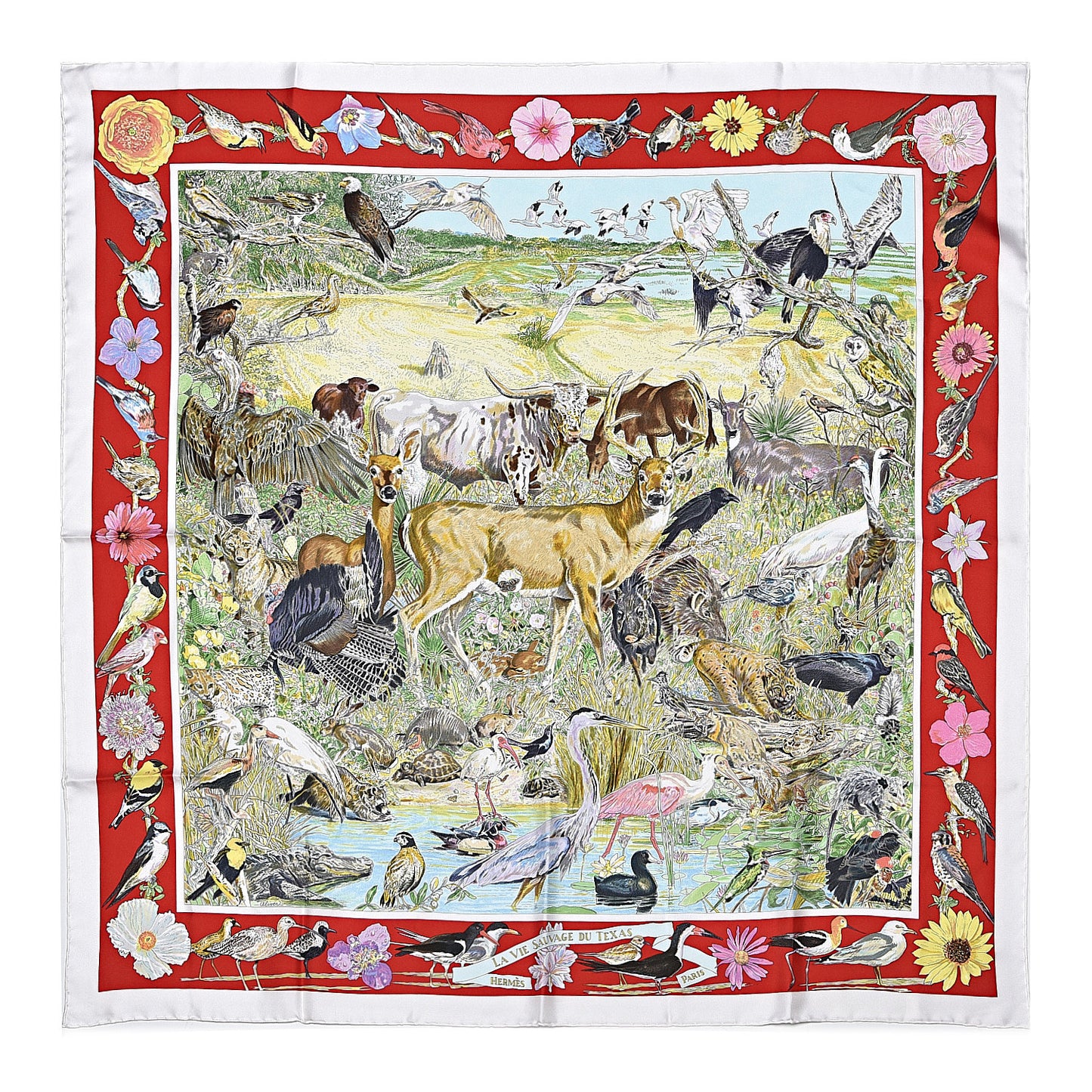 Silk La Vie Sauvage Du Texas Scarf 90 White Rouge Vert