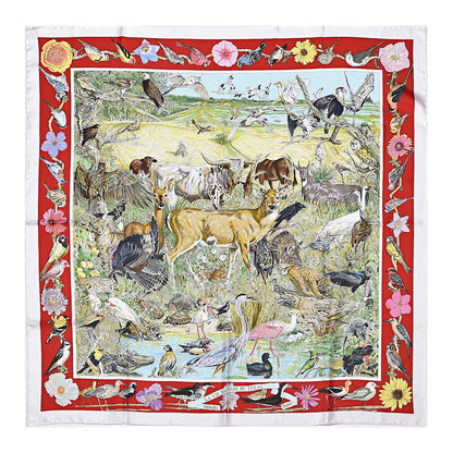 Hermes Silk La Vie Sauvage Du Texas Scarf 90 White Rouge Vert 1 of 5