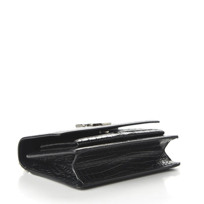 Saint Laurent Calfskin Crocodile Embossed Monogram Sunset Chain Wallet Black 4 of 9