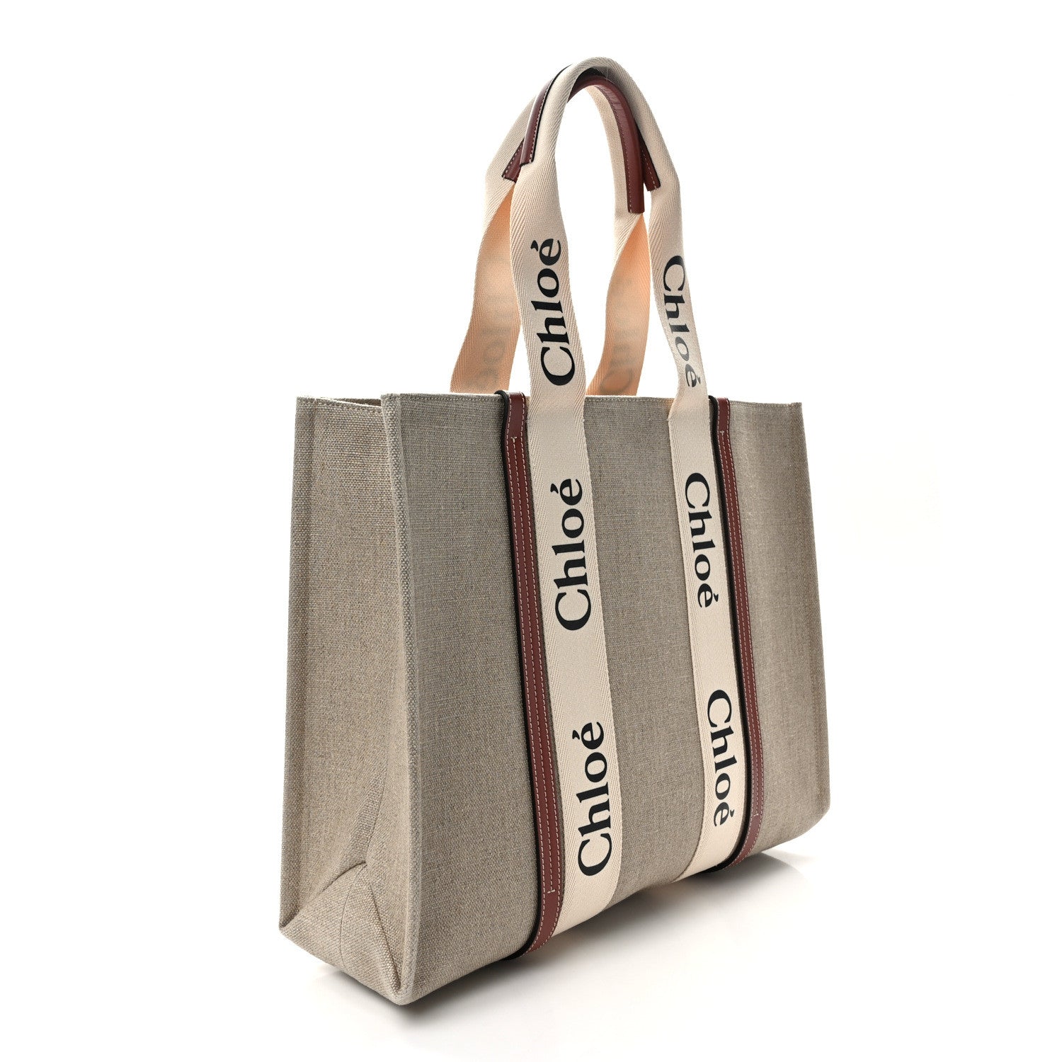Chloe Linen Calfskin Large Woody Ribbon Tote White Brown 3 of 13