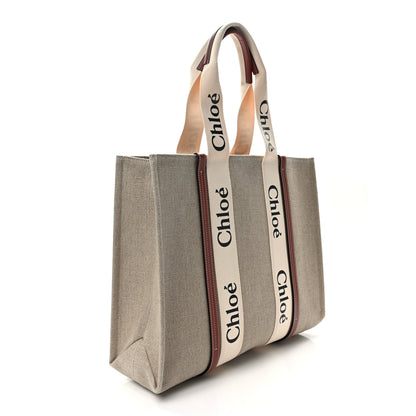 Chloe Linen Calfskin Large Woody Ribbon Tote White Brown 3 of 13