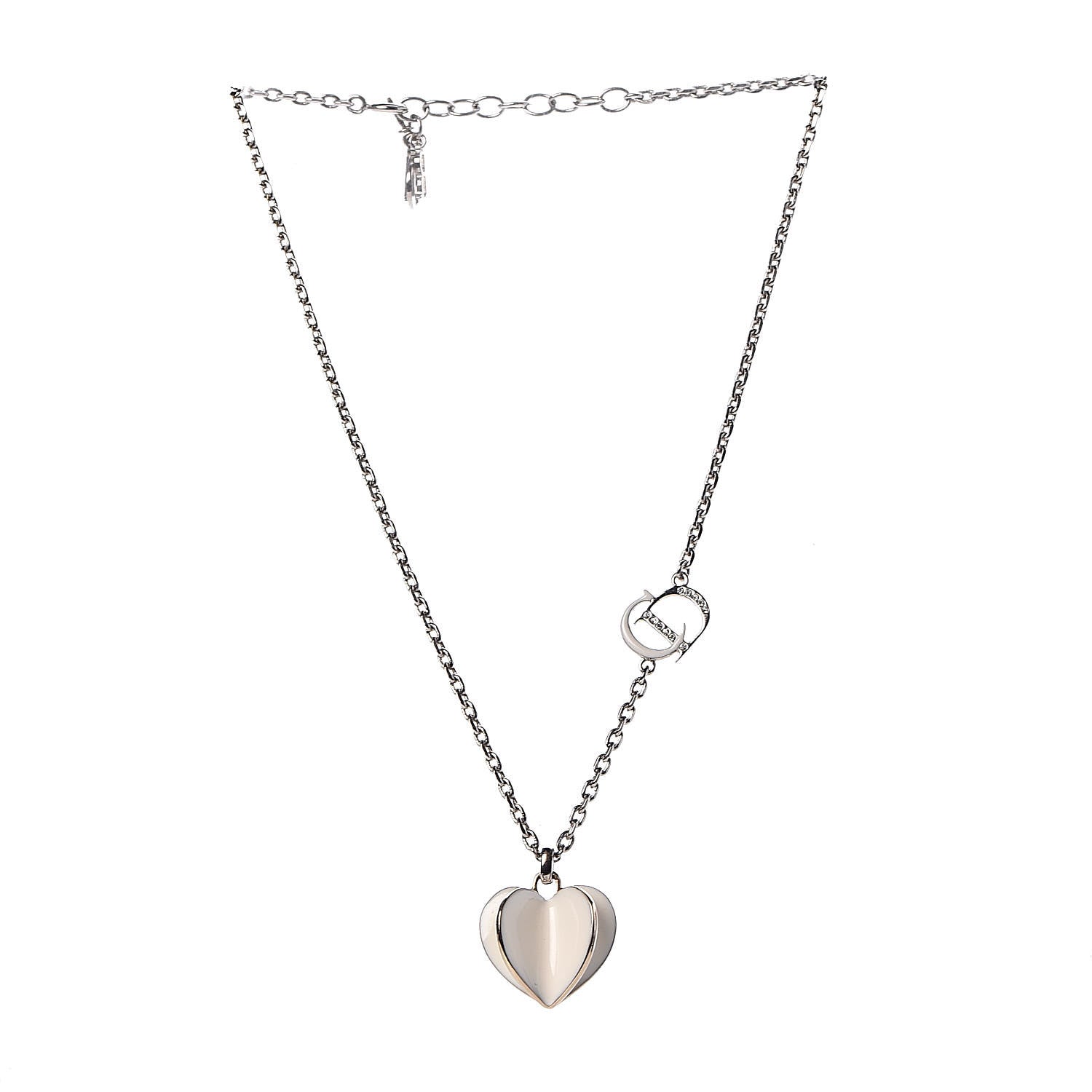 Christian Dior Enamel Crystal Heart CD Necklace Silver 3 of 7
