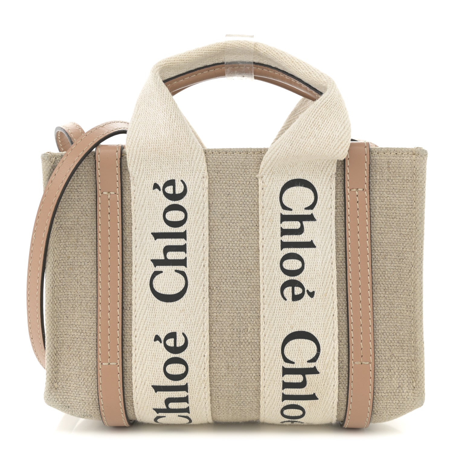 Chloe Linen Calfskin Small Woody Ribbon Tote With Strap White Light Brown 1 of 13