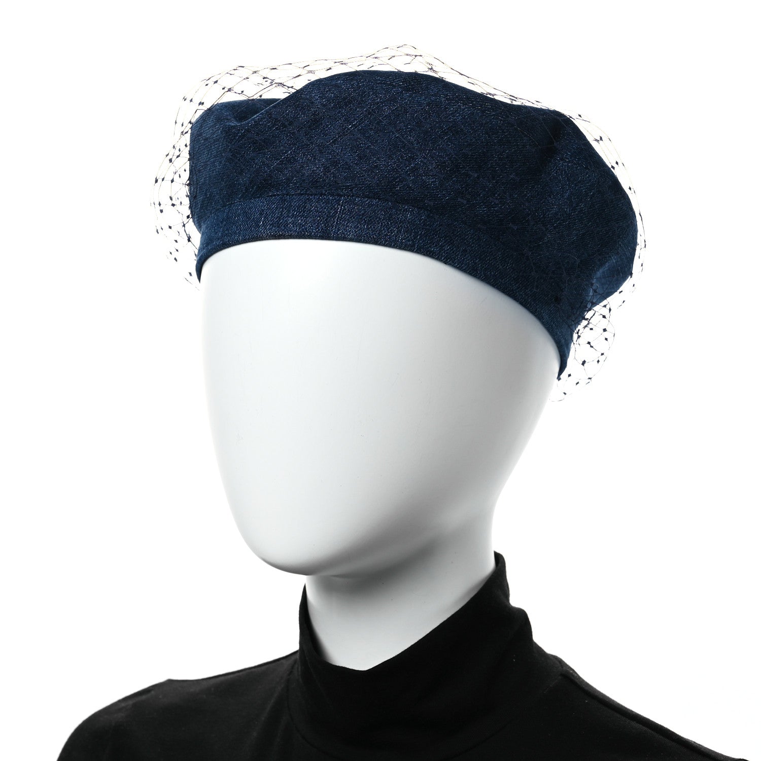 Christian Dior Cotton Denim Arty Beret Cap With Veil 57 Blue 2 of 9
