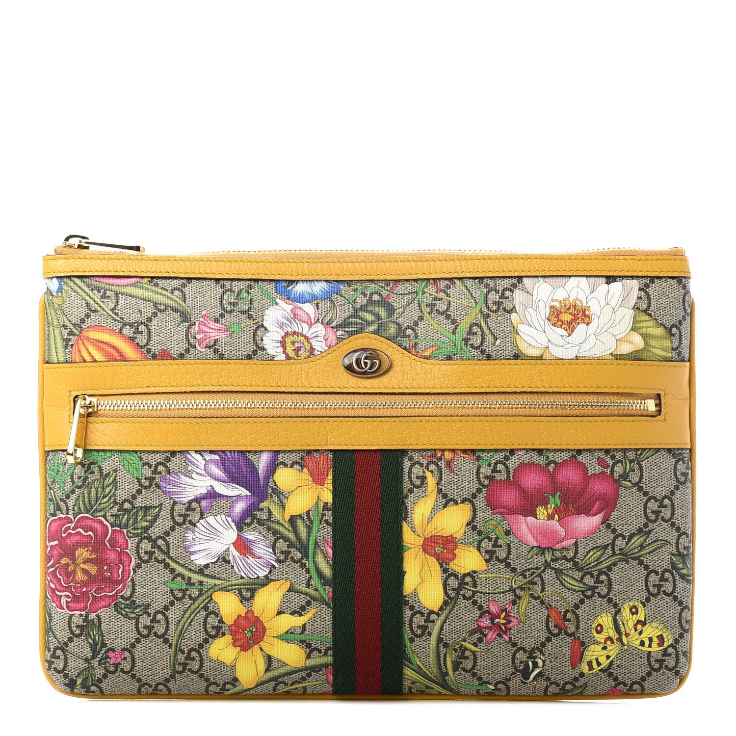 Gucci GG Supreme Monogram Flora Large Ophidia Pouch Clutch Beige Multicolor Crop 1 of 9