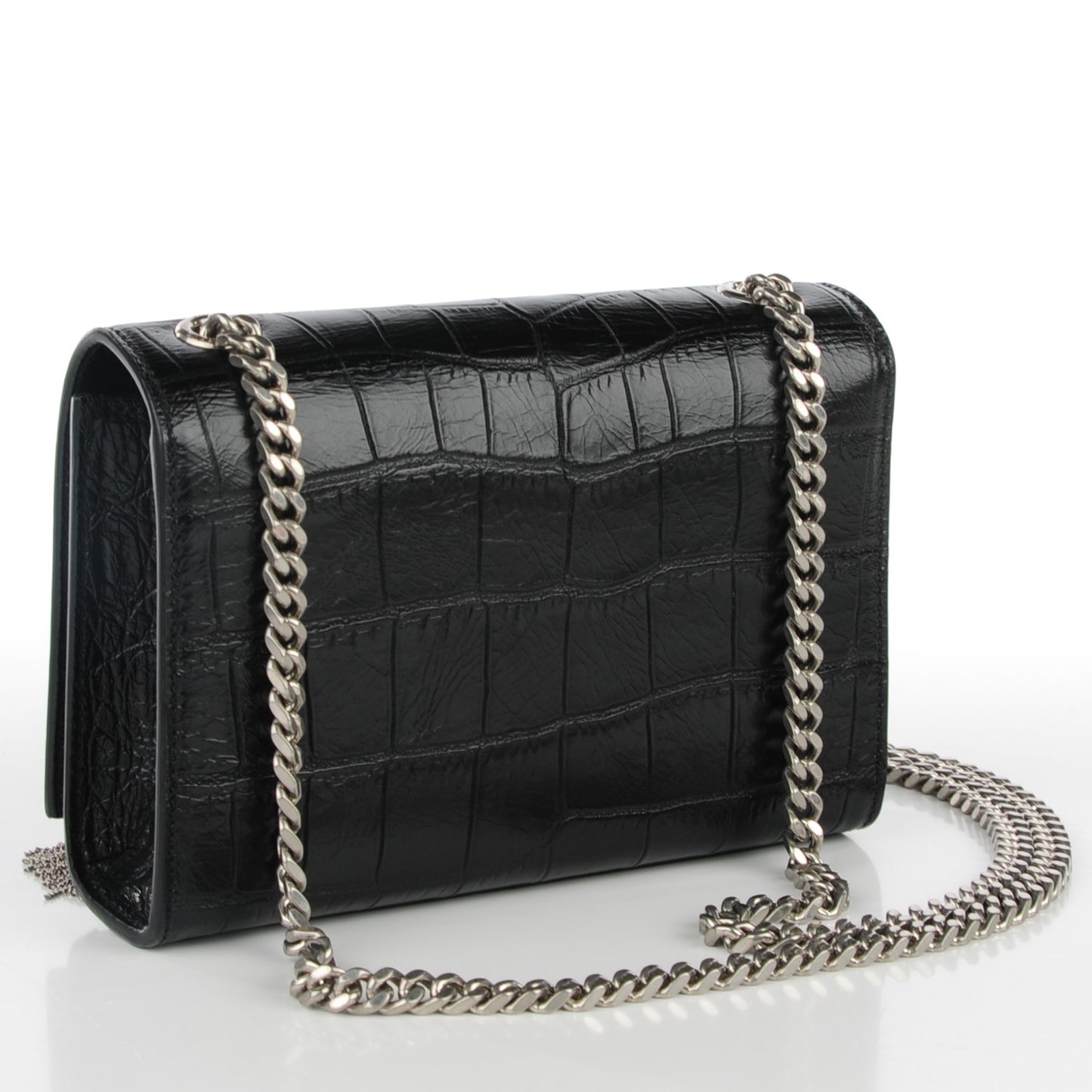 Calfskin Crocodile Embossed Small Classic Monogram Tassel Satchel Black