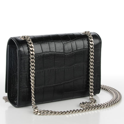 Saint Laurent Calfskin Crocodile Embossed Small Classic Monogram Tassel Satchel Black 3 of 8