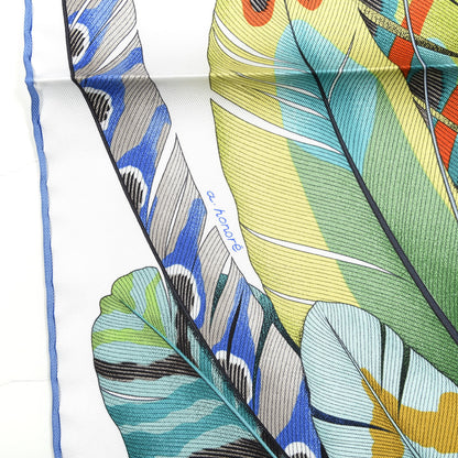 Hermes Silk Plumes En Fete Scarf 90 Blanc Turquoise Multicolor 4 of 4