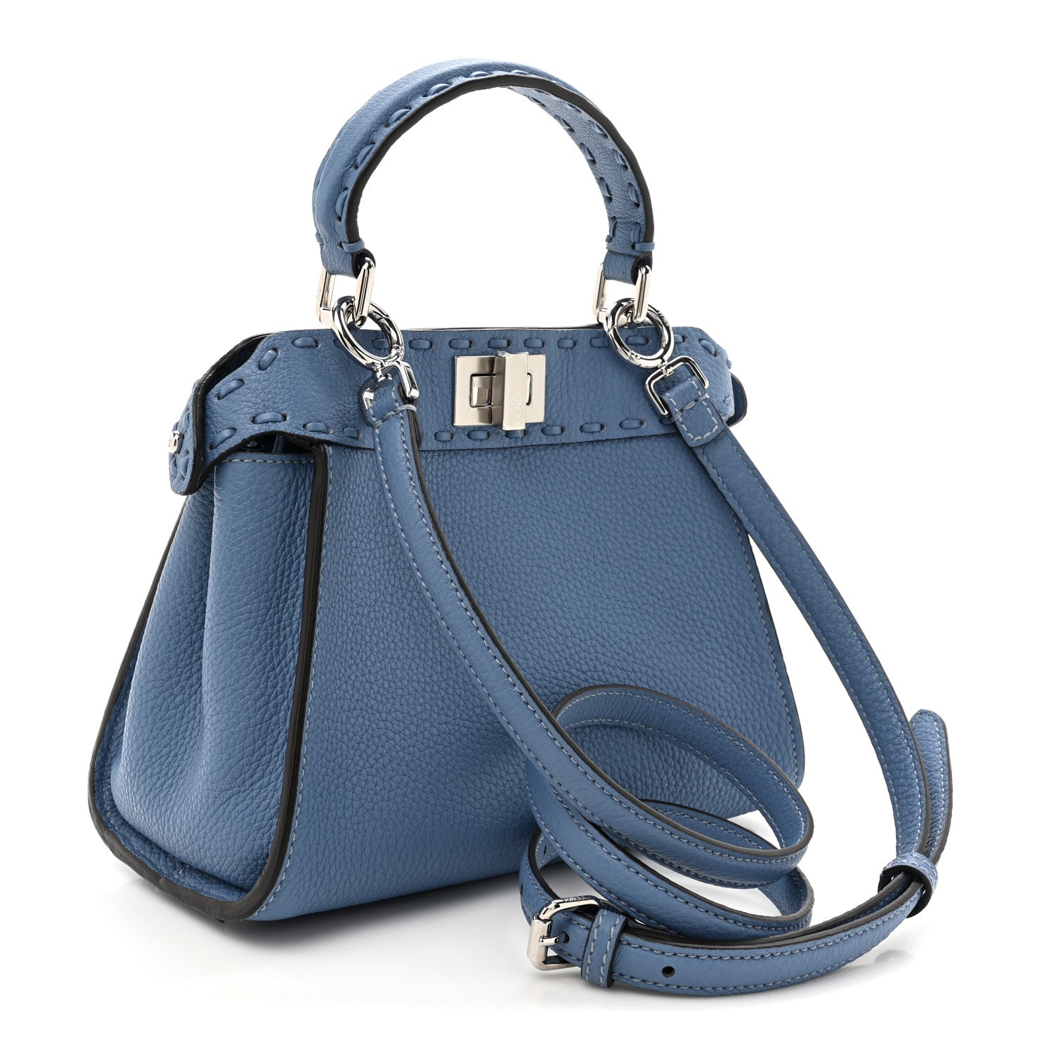 Fendi Cuoio Romano Selleria Macro Stitchings Mini Peekaboo Iconic Satchel Placca Argento Blue 2 of 9