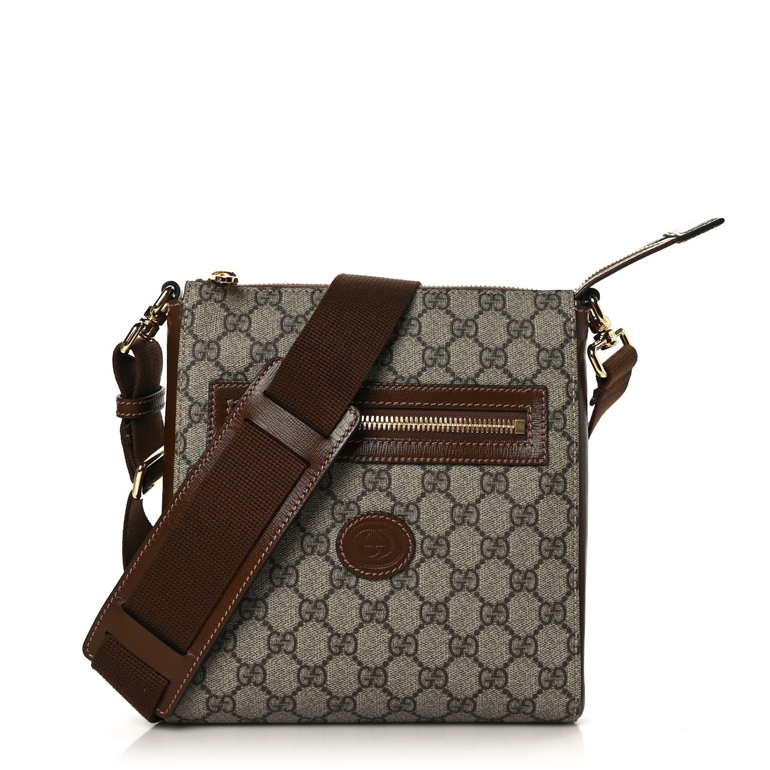 Gucci GG Supreme Monogram Azalea Calfskin Retro Interlocking G Flat Messenger Bag Beige Ebony Brown Sugar 1 of 9