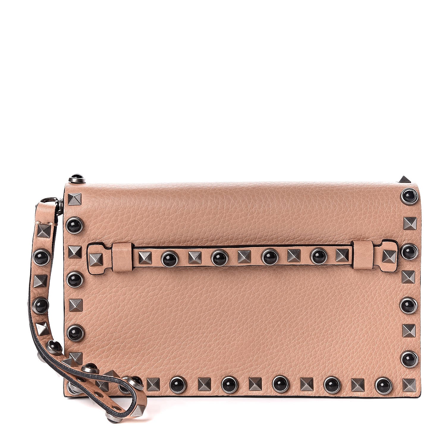 Valentino Garavani Pebbled Calfskin Onyx Small Rockstud Rolling Wristlet Clutch Soft Noisette 1 of 6