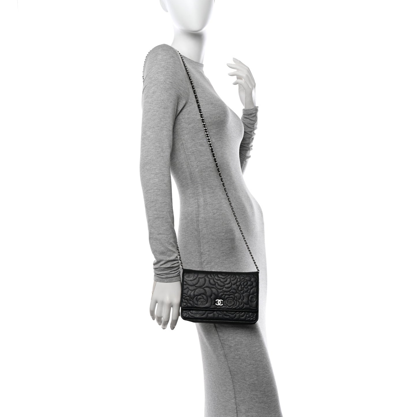 Lambskin Camellia Embossed Wallet on Chain WOC Black