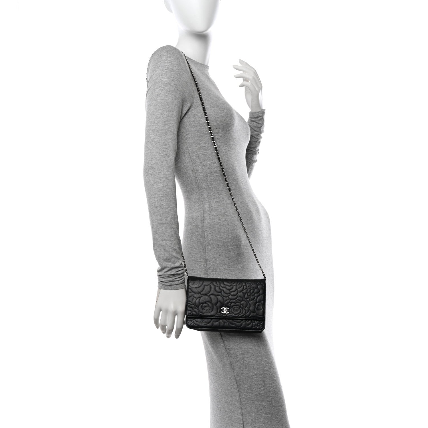 Chanel Lambskin Camellia Embossed Wallet on Chain WOC Black 2 of 17