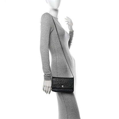 Chanel Lambskin Camellia Embossed Wallet on Chain WOC Black 2 of 17