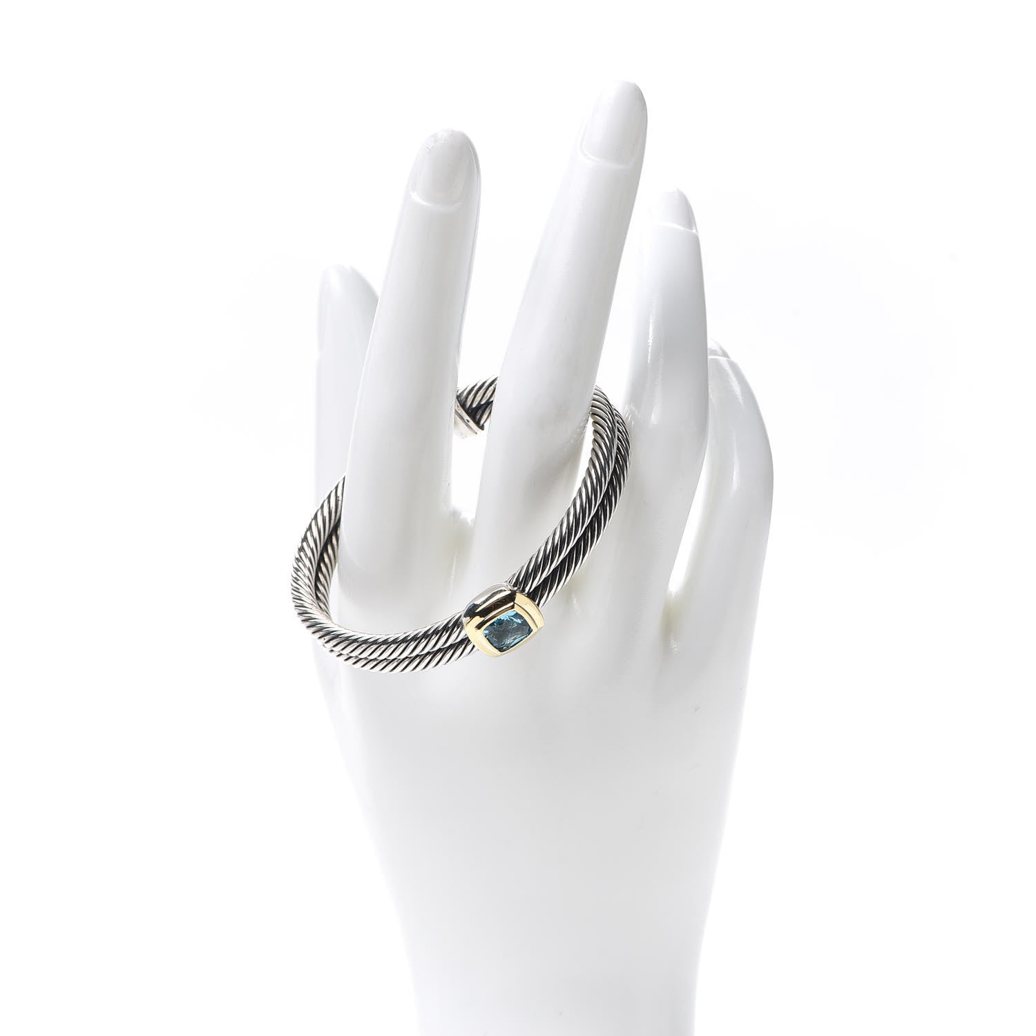 David Yurman Sterling Silver 18K Yellow Gold Blue Topaz Albion Double Cable Bracelet 2 of 5