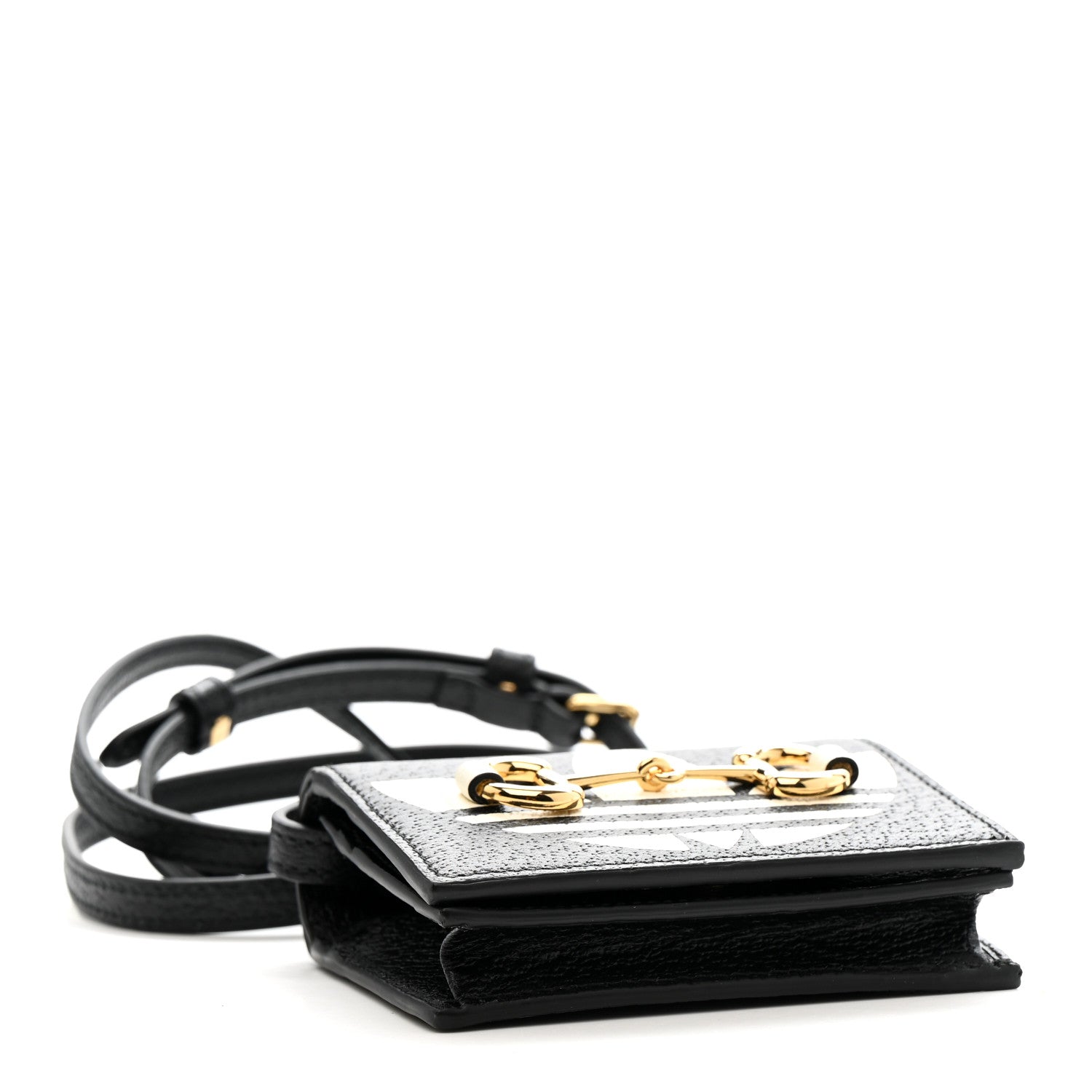 Gucci X ADIDAS Textured Dollar Calfskin Trefoil Horsebit 1955 Card Case Wallet With Strap Black Off White 4 of 8