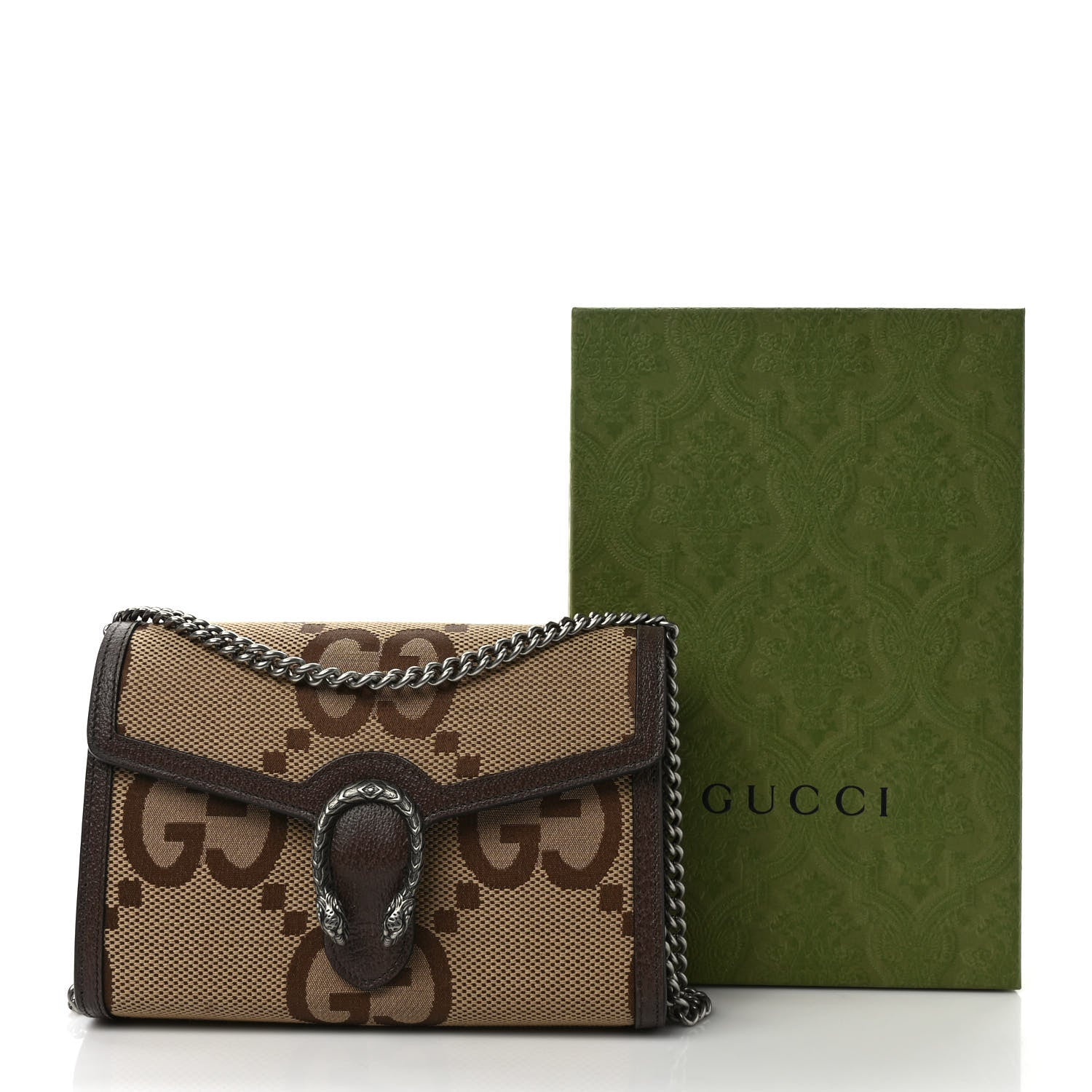 Gucci Monogram Jumbo GG Textured Dollar Calfskin Mini Dionysus Chain Wallet Camel Ebony New Acero 8 of 8
