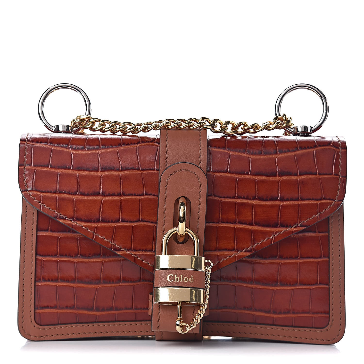 Chloe Calfskin Crocodile Embossed Aby Chain Shoulder Bag Chestnut Brown 1 of 10