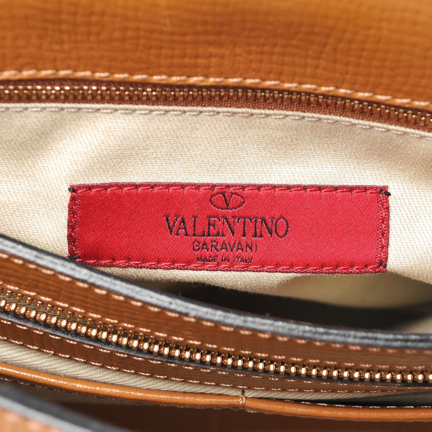 Textured Calfskin Rockstud Frame Handle Bag Tan