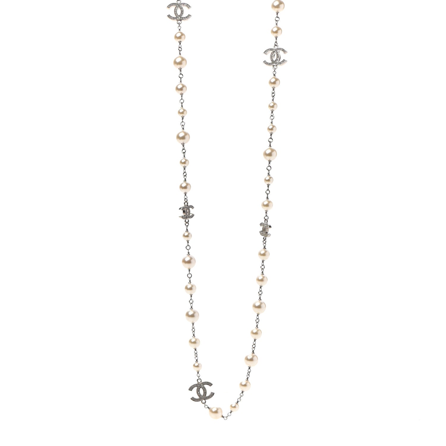 Chanel Graduated Pearl Crystal CC Long Necklace Silver 1 of 7