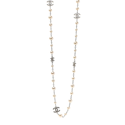 Chanel Graduated Pearl Crystal CC Long Necklace Silver 1 of 7