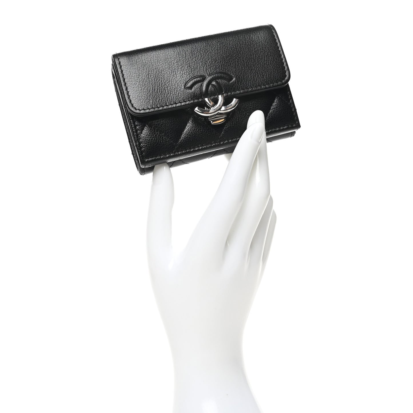 Grained Calfskin Quilted CC Box Compact Flap Wallet Black