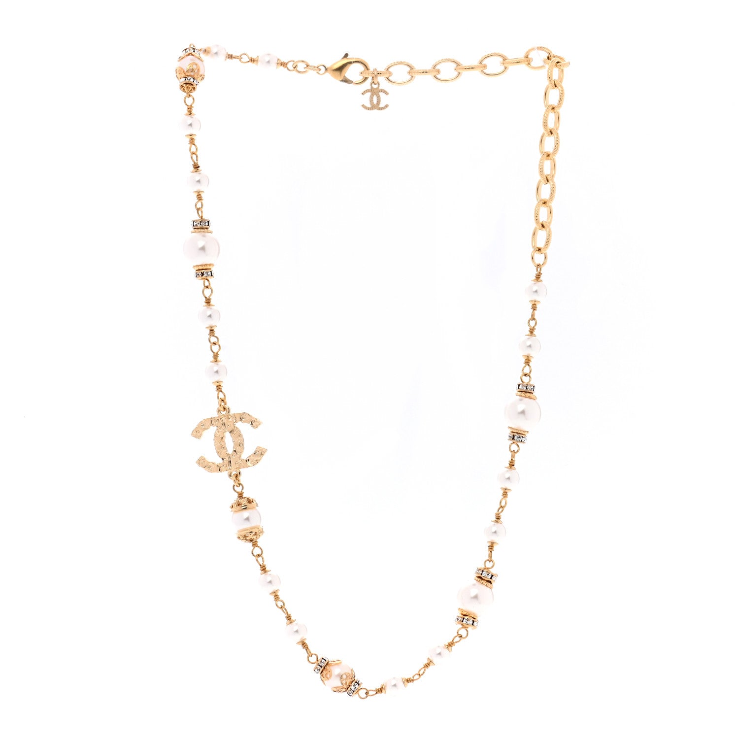 Chanel Pearl Crystal CC Necklace Light Gold 3 of 6