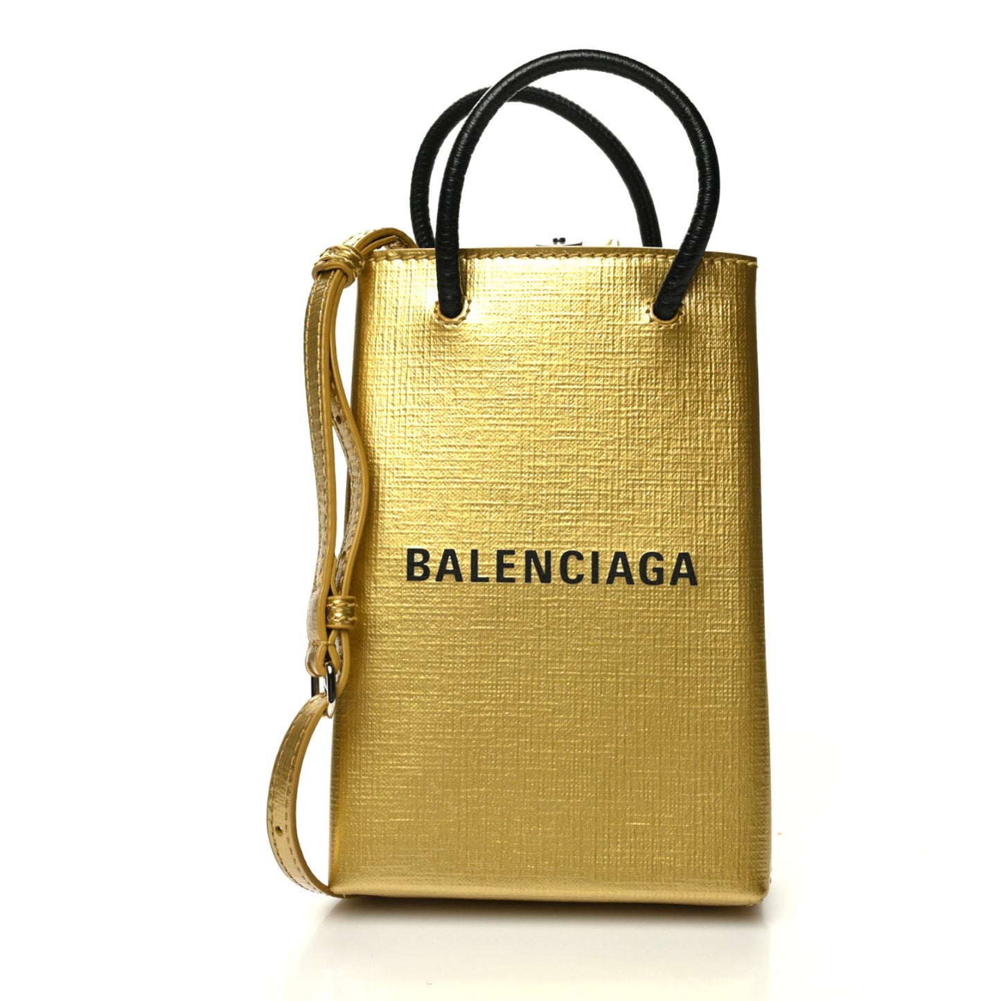 Metallic Textured Calfskin Logo Shopping Phone Holder Bag Gold