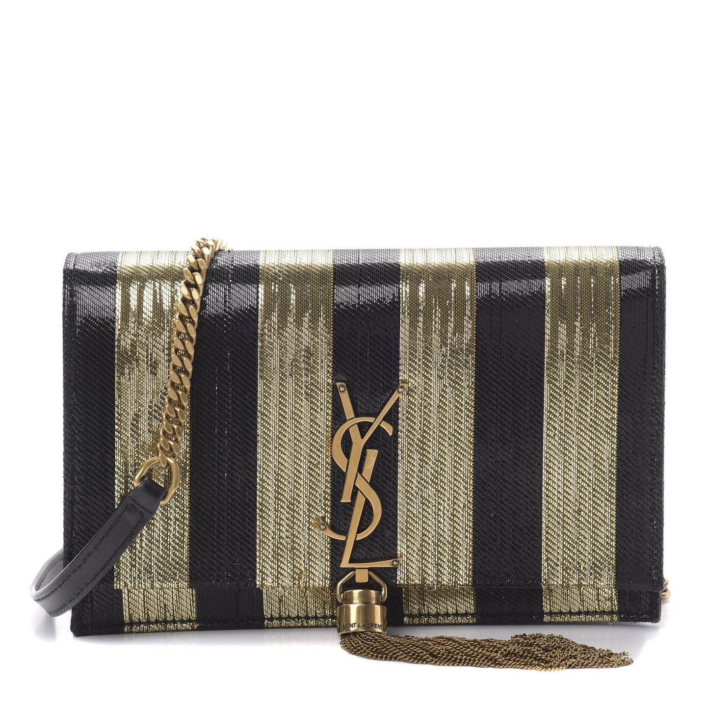 Sequin Striped Classic Monogram Kate Tassel Chain Wallet Black Gold