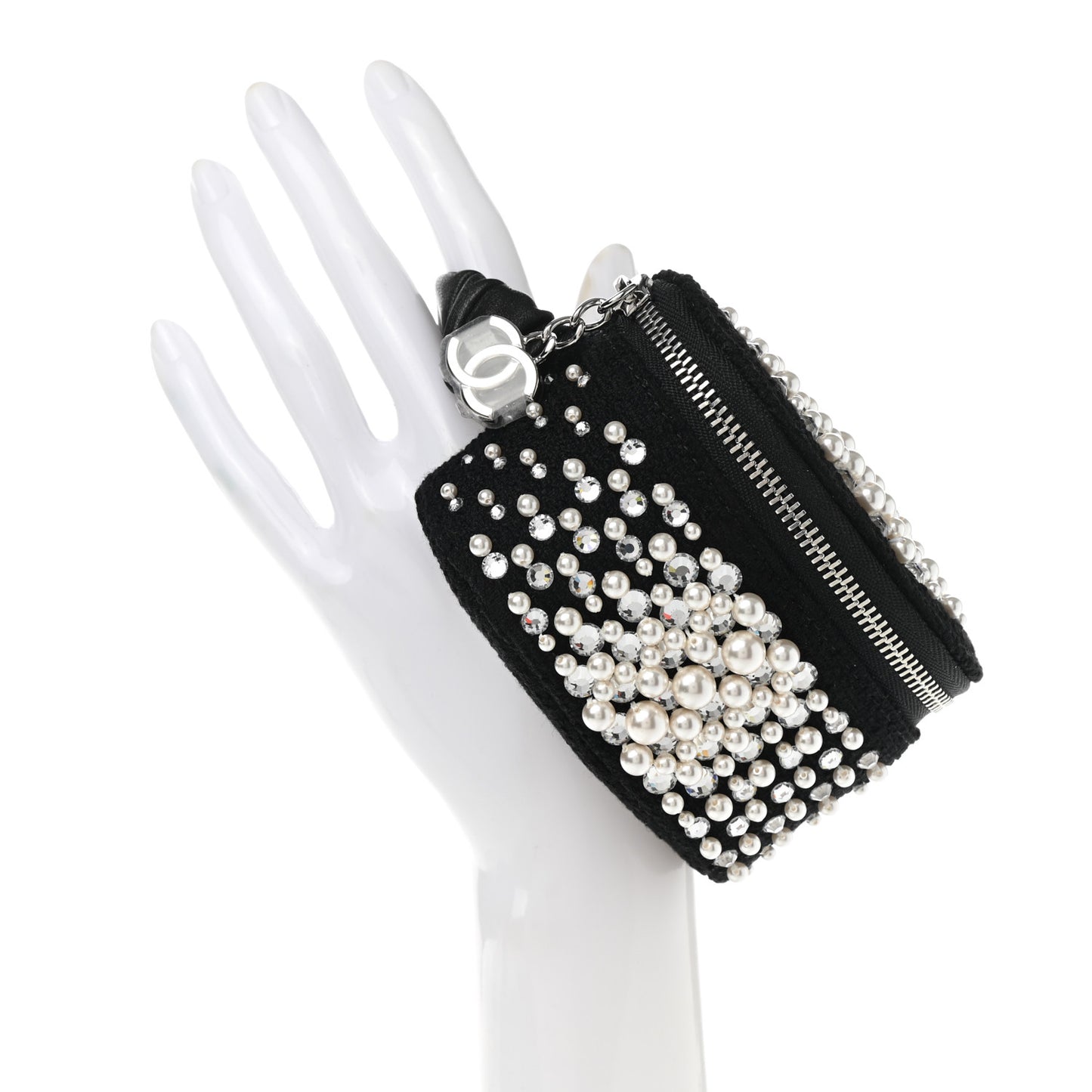 Tweed Pearl Lambskin Quilted Arm Coin Purse Black