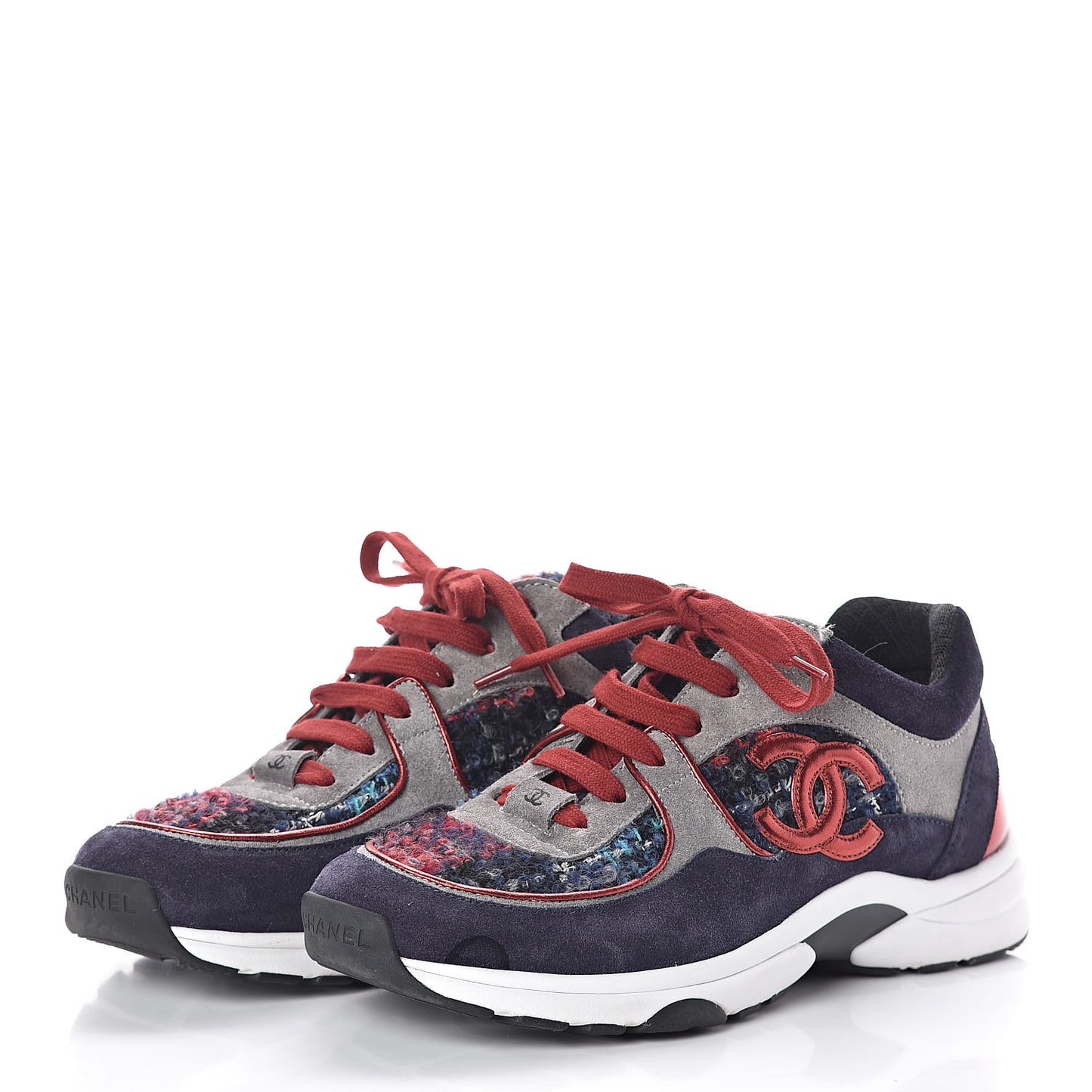 Tweed Suede Calfskin Womens CC Sneakers 38 Grey Red Navy