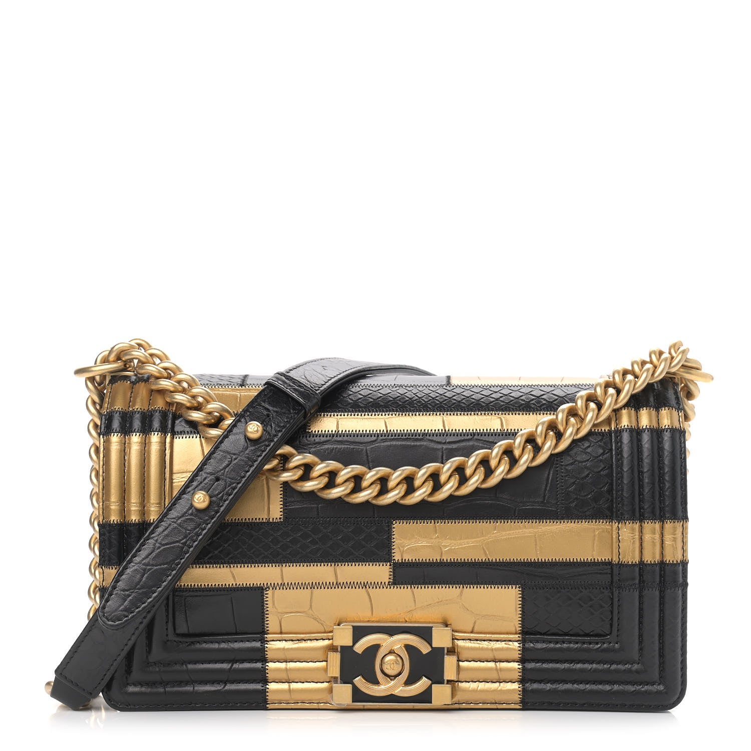 Chanel Crocodile Python Calfskin Embossed Medium Boy Flap Black Gold 1 of 8