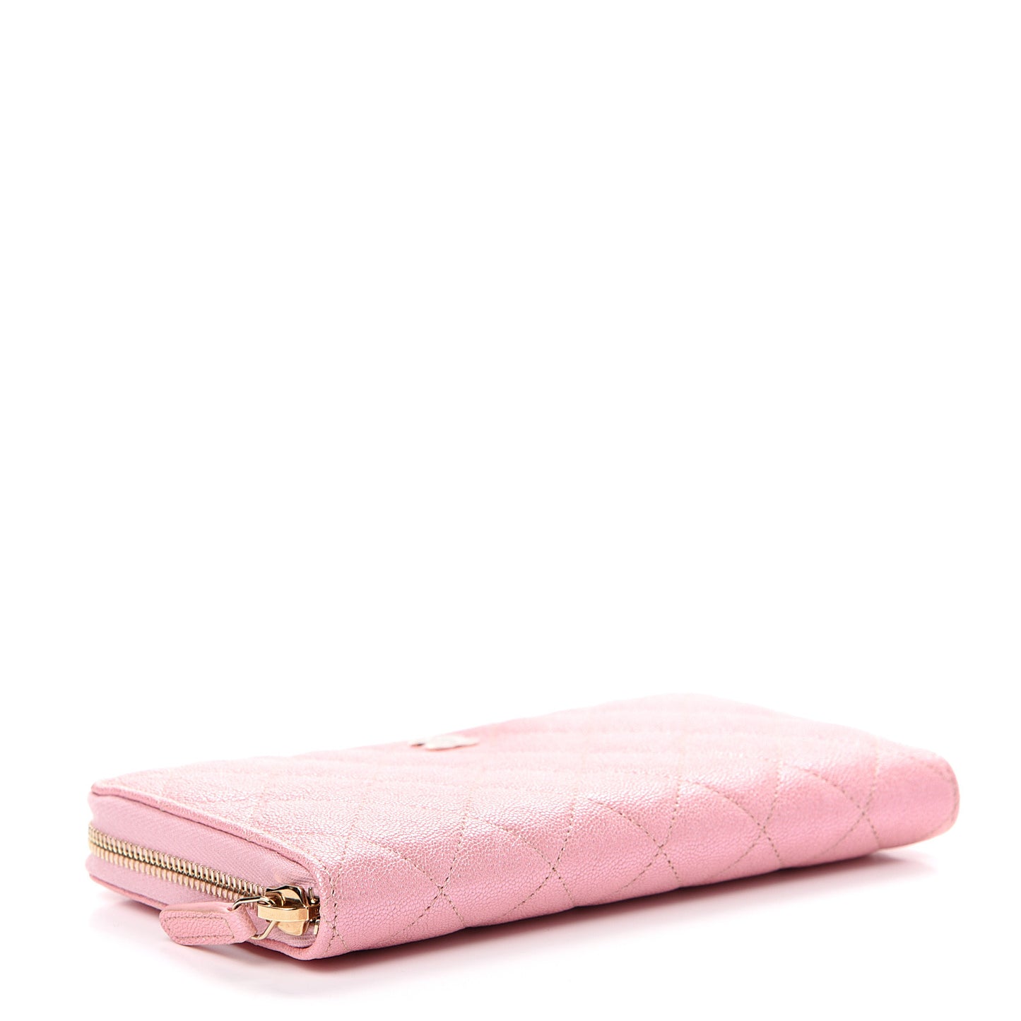 Iridescent Caviar Quilted Large Zip Around Wallet Pink