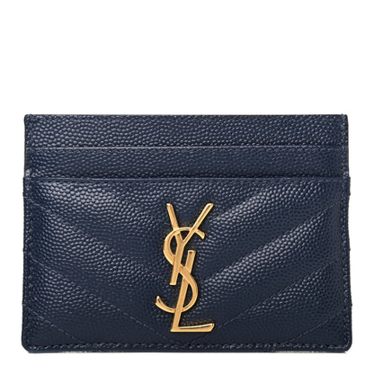 Saint Laurent Grain De Poudre Matelasse Chevron Monogram Credit Card Case Navy 1 of 4