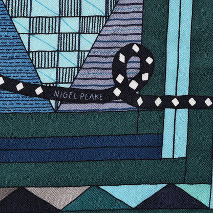 Hermes Cashmere Silk Patchwork Horse Shawl 140 Turquoise Vert Bleu 3 of 4