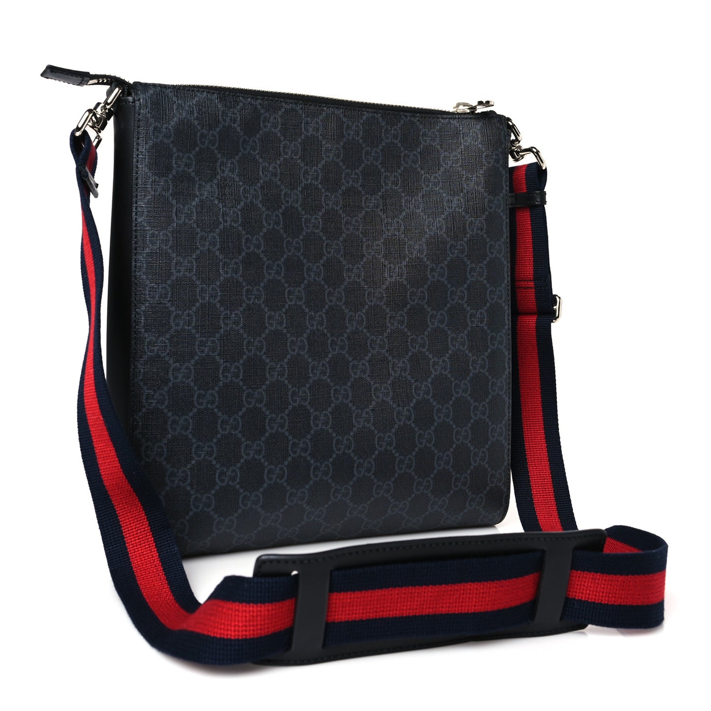 GG Supreme Monogram Appia Calfskin Web Flat Messenger Bag Black Grey