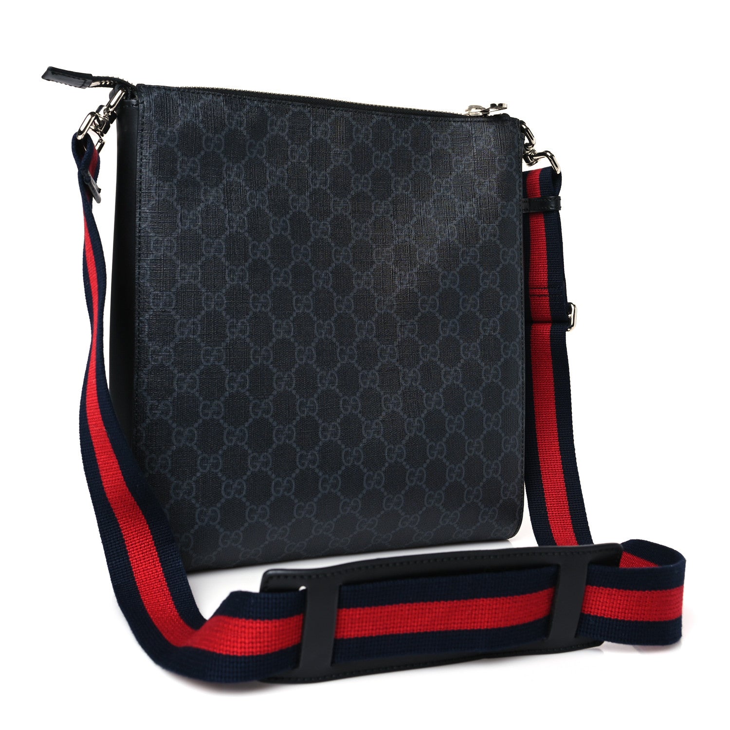Gucci GG Supreme Monogram Appia Calfskin Web Flat Messenger Bag Black Grey 3 of 9