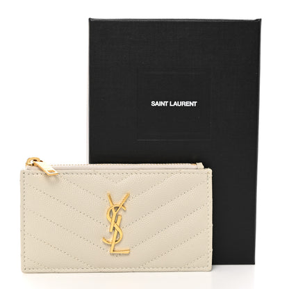 Saint Laurent Grain De Poudre Matelasse Chevron Monogram Fragments Zippered Card Case Crema Soft 8 of 8
